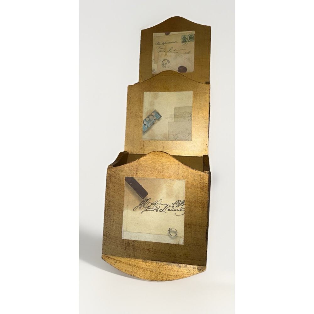 Vintage 1960 Wood 3 Pocket Gold Italian Wall Letter Holder Made In Italy 22”x7”